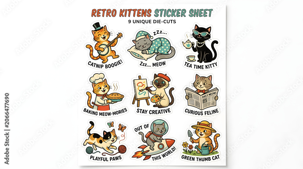 Fototapeta premium Retro Kittens Sticker Sheet: A playful collection of 9 unique die-cut stickers featuring anthropomorphic cats engaged in various whimsical activities, from baking to space exploration.