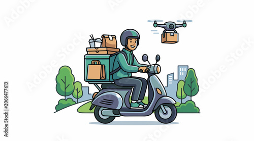 A delivery person rides a scooter with a drone flying alongside