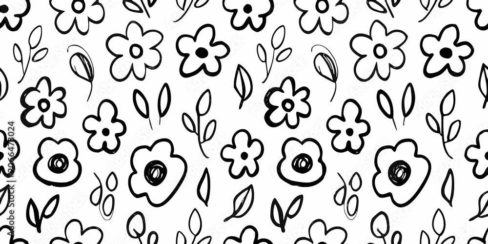 Fototapeta premium Black and white seamless floral pattern with hand drawn flower shapes