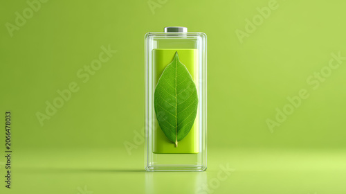 Glass battery icon with green leaf inside on lime green background eco energy concept