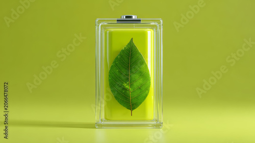 Glass battery icon with green leaf inside on lime green background eco energy concept