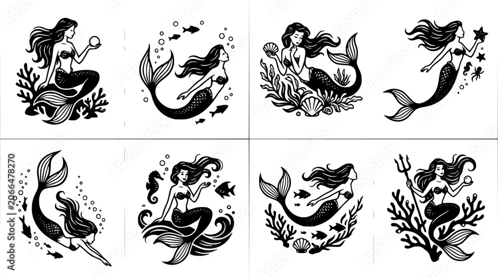 Fototapeta premium Mermaids Swimming with Bubbles and Seaweed in Vintage Monochrome Tattoo Style Illustration Set Featuring Mermaid, Ocean, Sea with Underwater and Line