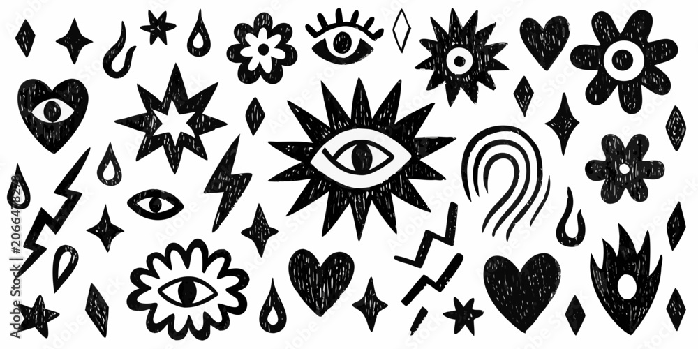 Fototapeta premium Occult themed doodles and symbols black vector illustration on white background