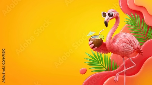 Flamingo Sunglasses Coconut Drink Tropical 3D Illustration Summer Beach Party Humor Concept