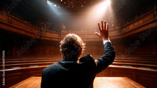 A man raises his hand passionately while addressing an empty, dramatic theater stage, emphasizing the power of speech and the eloquence of public expression.