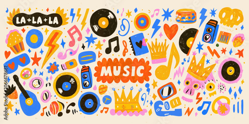 Tableau sur toile Music themed doodle illustration with vinyl records notes and colorful elements