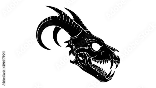 Tableau sur toile Demonic Skull Silhouette: A fearsome, stylized silhouette of a demonic skull with sharp horns and jagged teeth, exuding an aura of dark power and mystery