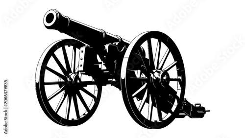 Foto Historical Cannon Silhouette: A stark silhouette of a vintage cannon, complete with intricate wheel detail and a powerful barrel, stands as a symbol of past conflicts and military history