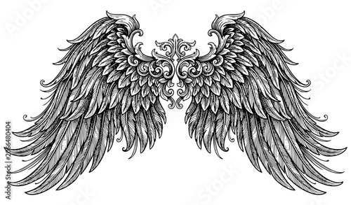 Antique Angel Wings Engraved Vector Illustration in Classic Vintage Style