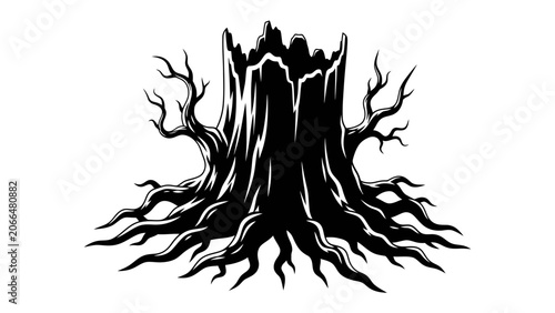Schilderij op canvas Gnarly Tree Stump Silhouette: A stark, black silhouette of a gnarled, ancient tree stump with bare, twisted branches and exposed roots evokes a sense of desolation and the passage of time