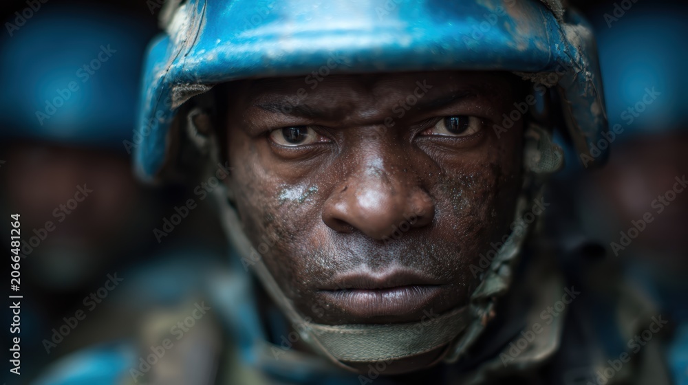 Obraz premium A powerful portrait of a soldier in a blue helmet showcases the intensity of emotion and the gravity of duty, symbolizing bravery and resilience in challenging times.