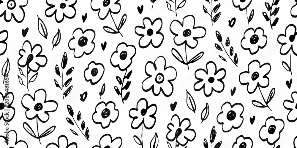 Fototapeta premium Black and white seamless floral pattern with sketched flower and leaf motifs