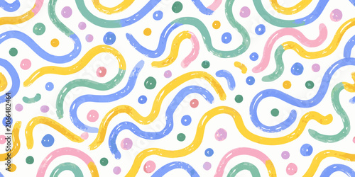 Colorful wavy lines and circles pattern on a white background