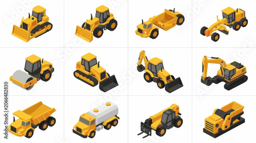 Photos Collection of Yellow Construction Vehicles and Equipment.