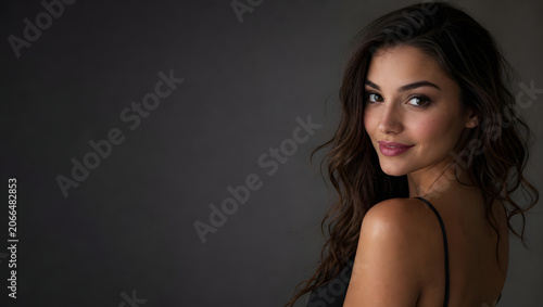 Beautiful Woman in Black Dress Smiling in Studio Portrait