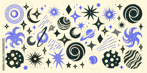 Retro Space Pattern With Planets Moons And Celestial Elements