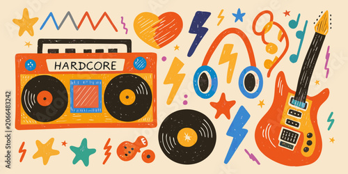 Photos Retro Music Illustration With Boombox Records And Electric Guitar