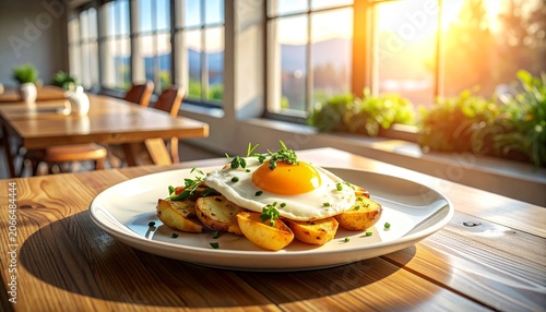 Fried Egg with Roasted Potatoes on Sunny Breakfast Table