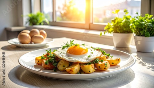 Fried Egg with Roasted Potatoes on Sunny Breakfast Table
