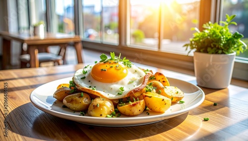 Fried Egg with Roasted Potatoes on Sunny Breakfast Table
