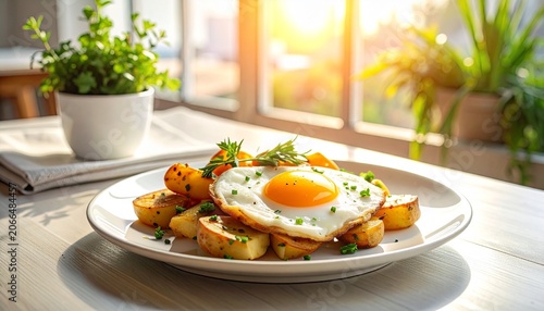 Fried Egg with Roasted Potatoes on Sunny Breakfast Table