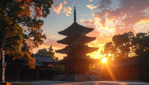 Wooden Pagoda Silhouette in Temple Courtyard at Golden Sunset