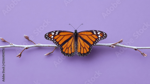 Monarch butterfly on minimalist white branch solid lavender background symmetry concept