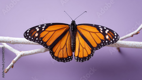 Monarch butterfly on minimalist white branch solid lavender background symmetry concept