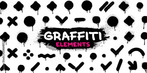 Foto Black graffiti elements collection spray paint splatters and abstract shapes