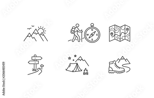 Mountain trekking tourism backpacker and navigation outline icons collection