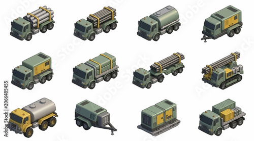 Collection of Military and Industrial Trucks in Isometric View.
