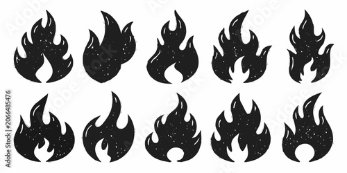Fotografie Stylized Fire Flame Icons Collection Black Silhouettes On White Background