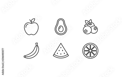 Organic food ingredient banana watermelon and orange outline icons collection