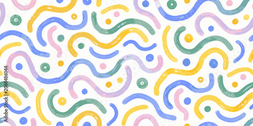 Tableau sur toile Colorful wavy lines and circles seamless pattern on a white background