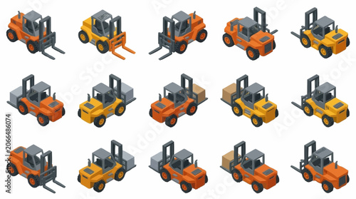 Fotografie Collection of colorful forklift trucks in various styles.