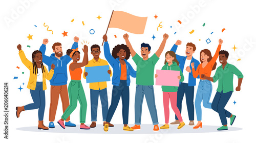 Diverse group of happy friends celebrating with flags and colorful confetti.