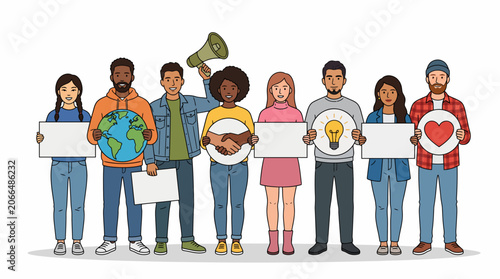 Diverse group of people holding blank signs and symbolic icons.