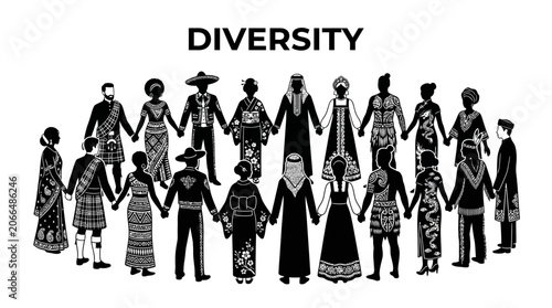 Diverse group of people in traditional dress holding hands in unity under diversity text.