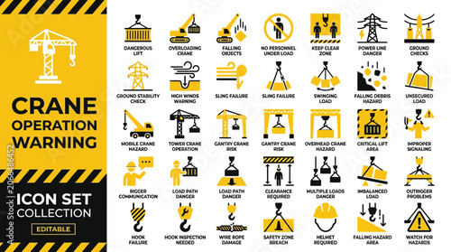 Tableau sur toile Industrial crane operation warning and safety icon set collection