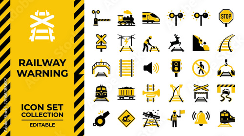 Railway safety icon collection with trains tracks and warning signs