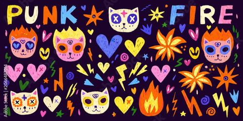 Schilderij op canvas Punk Style Doodle Collection With Cats Hearts And Flames On Dark Background