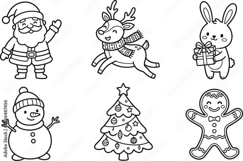 Fototapeta premium Christmas Characters And Decorations Black Line Art On White Background
