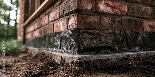 Close-up of a brick building foundation with waterproofing membrane and surrounding soil.