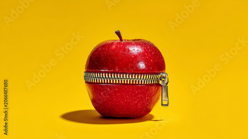 Bright red apple with partially open metallic zipper on vibrant yellow background creative concept