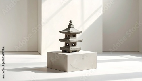 Stone Pagoda Sculpture on Minimal White Pedestal with Soft Light