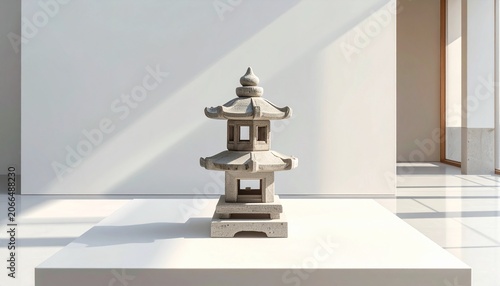 Stone Pagoda Sculpture on Minimal White Pedestal with Soft Light