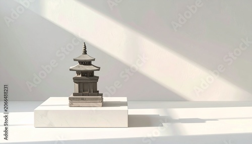 Stone Pagoda Sculpture on Minimal White Pedestal with Soft Light