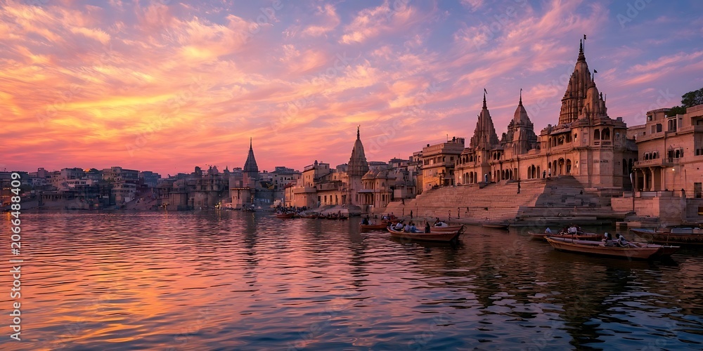 Fototapeta premium Vibrant sunset over Ganges river with ancient temples and boats in Varanasi India.