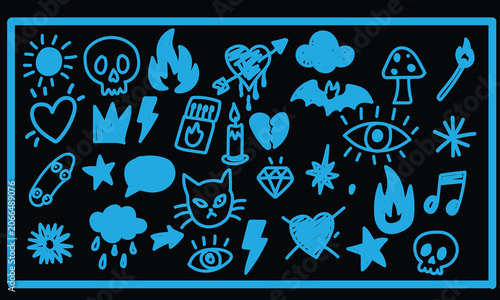 Light cyan blue spooky gothic style doodle graphics on black background, modern pop art skull flame heart cat eye and cloud silhouette icons chart for alternative merchandise