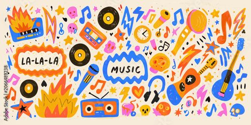Obraz na plátně Hand Drawn Music Doodles And Instruments Colorful Vector Illustration
